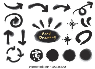 Ink painting arrow symbol set.
Japanese text means TIGER.