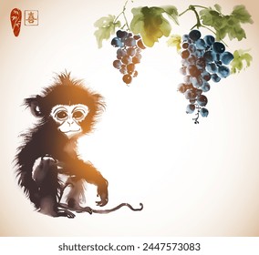 Ink painting of baby monkey sitting under grapes hanging from a vine with leaves. Traditional oriental ink painting sumi-e, u-sin, go-hua. Hieroglyph - joy.