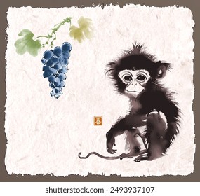 Ink painting of baby monkey sitting under grapes hanging from a vine with leaves. Traditional oriental ink painting sumi-e, u-sin, go-hua on vintage background. Hieroglyph - joy.