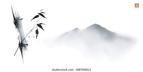 Ink painting with bamboo and far mountains on white background. Traditional oriental ink painting sumi-e, u-sin, go-hua. Translation of hieroglyph - eternity.