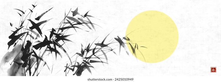 Ink painting of bamboo and yellow moon on rice paper background. Traditional oriental ink painting sumi-e, u-sin, go-hua. Translation of hieroglyph - eternity.
