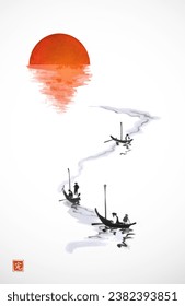 Ink painting of big red sun and fishing boats in minimalist style on white background. Traditional oriental ink painting sumi-e, u-sin, go-hua. Translation of hieroglyph - perfection.