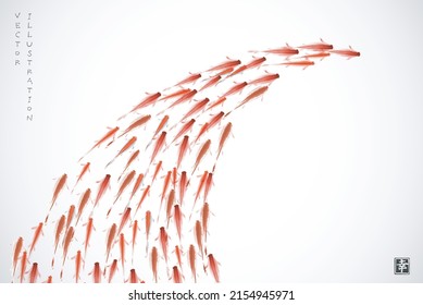 Ink painting with big school of little red fishes. Traditional oriental ink painting sumi-e, u-sin, go-hua. Hieroglyph - happiness.