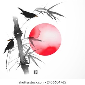 Ink painting of birds on bamboo branch and big red sun. Traditional oriental ink painting sumi-e, u-sin, go-hua. Hieroglyph - happiness
