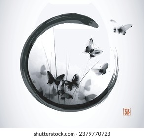 Ink painting with black butterflies in the grass in in black enso zen circle on white background. Traditional Japanese ink wash painting sumi-e. Hieroglyph - double luck