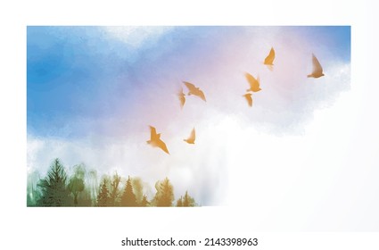 Ink painting of black flying birds over the green forest trees. Traditional oriental ink painting sumi-e, u-sin, go-hua