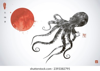 Ink painting of black octopus and big red sun. Traditional oriental ink painting sumi-e, u-sin, go-hua. Hieroglyphs - eternity, freedom, happiness, wisdom.