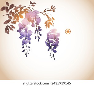 Ink painting of blooming wisteria. Traditional oriental ink painting sumi-e, u-sin, go-hua in vintage style. Translation of hieroglyph - bloom.