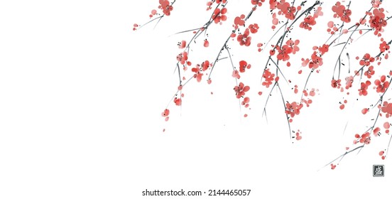 Ink painting of blossoming japanese sakura plum on white background. Traditional oriental ink painting sumi-e, u-sin, go-hua. Translation of hieroglyph - blossom.