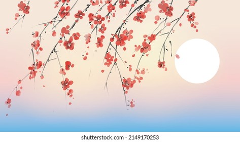 Ink painting of blossoming japanese sakura plum and sunrise sky. Traditional oriental ink painting sumi-e, u-sin, go-hua. Hieroglyph - double luck.