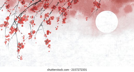 Ink painting of blossoming japanese sakura plum on rice paper background. Traditional oriental ink painting sumi-e, u-sin, go-hua