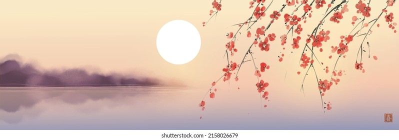 Ink painting of blossoming japanese sakura plum and sunrise sky over the misty river. Traditional oriental ink painting sumi-e, u-sin, go-hua. 