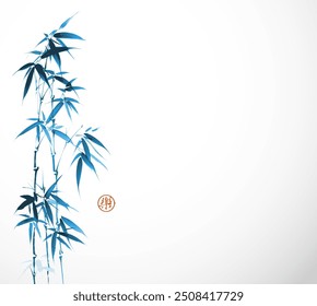 Ink painting of blue bamboo tree on white background. Traditional oriental ink painting sumi-e, u-sin, go-hua. Hieroglyph - joy.