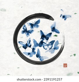 Ink painting of blue butterflies in black enso zen circle on rice paper background. Traditional Japanese ink wash painting sumi-e. Hieroglyph - double luck