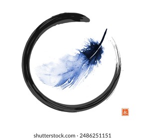 Ink painting of a blue feather in black enso zen circle on white. Traditional Japanese ink wash painting sumi-e. Hieroglyph - eternity.