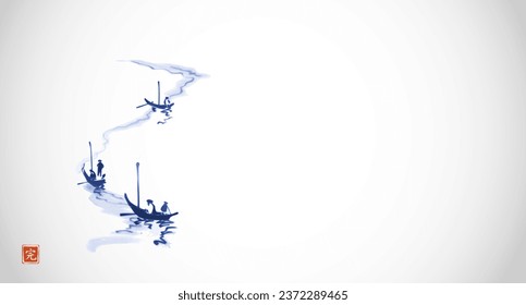 Ink painting of blue fishing boats in minimalist style on white background. Traditional oriental ink painting sumi-e, u-sin, go-hua on white background. Translation of hieroglyph - perfection.