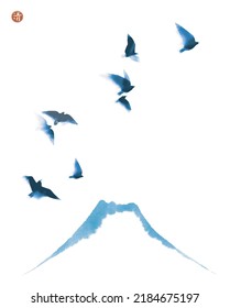 Ink painting of blue flying birds and Fujiyama mountain. Traditional oriental ink painting sumi-e, u-sin, go-hua. Translation of hieroglyph - clarity