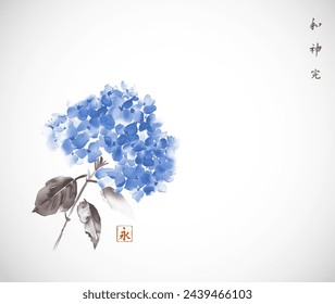 Pintura de tinta de flores de hortensias azules sobre fondo blanco. Tinta oriental tradicional pintura sumi-e, u-sin, go-hua. Jeroglíficos - armonía, espíritu, perfección, eternidad.