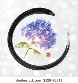 Ink painting of blue hydrangea flowers in black enso zen circle on white glowing background. Traditional oriental ink painting sumi-e, u-sin, go-hua. Hieroglyph - bloom.