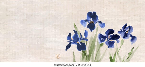 Ink painting of blue iris flowers. Traditional oriental ink painting sumi-e, u-sin, go-hua on vintage background. Hieroglyph - spring.