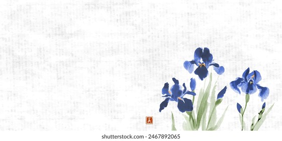 Ink painting of blue iris flowers. Traditional oriental ink painting sumi-e, u-sin, go-hua on rice paper. Hieroglyph - beauty.