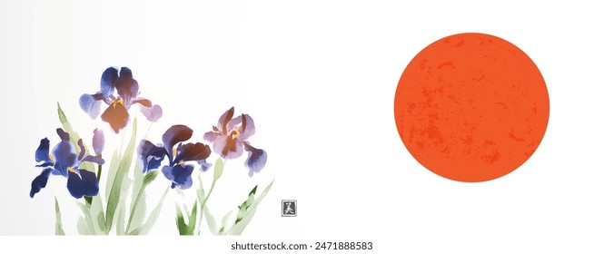 Ink painting of blue iris flowers and big red sun. Traditional oriental ink painting sumi-e, u-sin, go-hua. Hieroglyph - beauty.