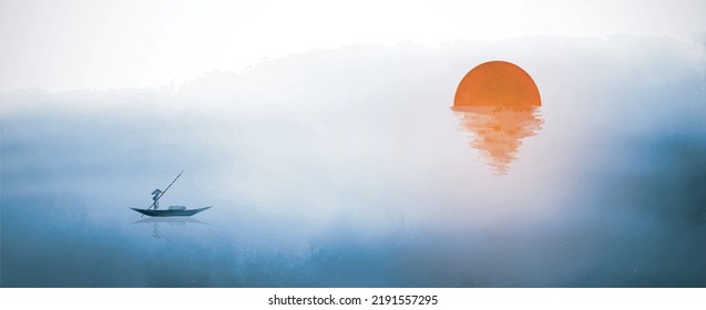 Ink painting of blue misty landscape with big red rising sun and fisherman in a boat. Traditional oriental ink painting sumi-e, u-sin, go-hua