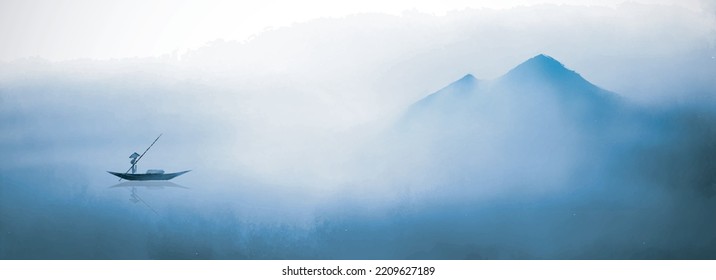 Ink painting of blue misty landscape with mountains and fisherman in a boat. Traditional oriental ink painting sumi-e, u-sin, go-hua