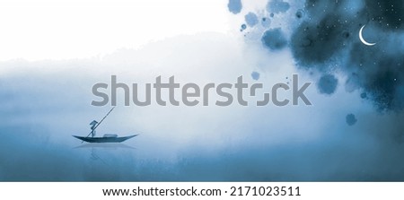 Ink painting of blue misty landscape with night sky and fisherman in a boat. Traditional oriental ink painting sumi-e, u-sin, go-hua