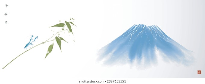 Ink painting of blue praying mantis sitting on bamboo branch and blue Fujiyama mountain. Traditional oriental ink painting sumi-e, u-sin, go-hua. Hieroglyphs - peace, tranquility, clarity, eternity