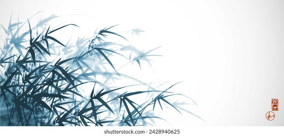 Ink painting of blue young bamboo trees in fog. Traditional oriental ink painting sumi-e, u-sin, go-hua. Translation of hieroglyph - harmony