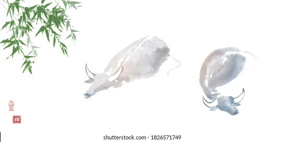 Ink painting of buffallo bulls in water and bamboo tree. Traditional oriental ink painting sumi-e, u-sin, go-hua. Translation of hieroglyph - silence.