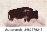 Ink painting of a buffalo in mist on vintage background. Traditional oriental ink painting sumi-e, u-sin, go-hua. Hieroglyph - eternity.