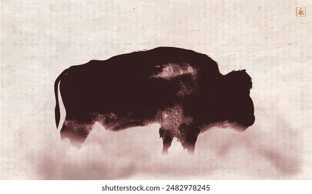 Pintura de tinta de un búfalo en niebla sobre fondo vintage. Tinta oriental tradicional pintura sumi-e, u-sin, go-hua. Jeroglífico - eternidad.