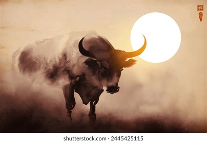 Ink painting of a bull silhouetted against a hazy sun, shrouded in soft mist. Traditional oriental ink painting sumi-e, u-sin, go-hua. Translation of hieroglyph - zen.