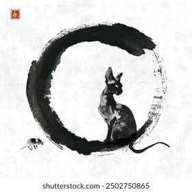 Ink painting of a cat, mouse and  black enso zen circle on rice paper background. Traditional oriental ink painting sumi-e, u-sin, go-hua. Translation of hieroglyph - eternity.