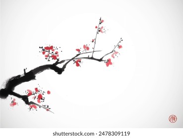 Ink painting of a cherry blossom branch with delicate flowers. Traditional oriental ink painting sumi-e, u-sin, go-hua. Hieroglyph - joy.