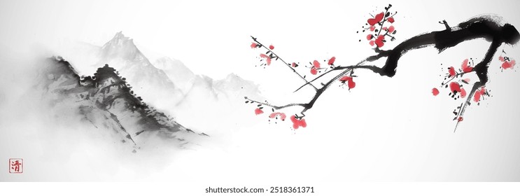 Ink painting of cherry blossom branch and misty mountains. Traditional oriental ink painting sumi-e, u-sin, go-hua. Hieroglyph - clarity