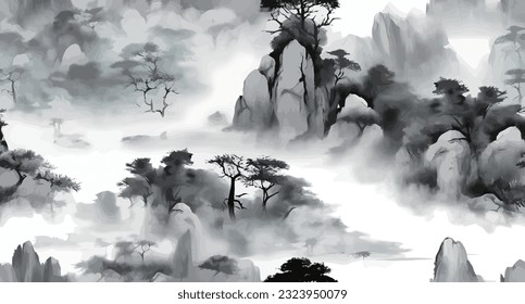 ink painting. Chinese style golden artistic conception landscape illustration, water and mountain painting, abstract art landscape. vector