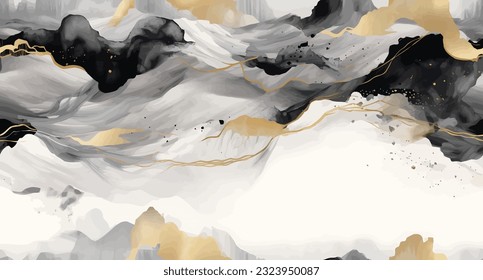 ink painting. Chinese style golden artistic conception landscape illustration, water and mountain painting, abstract art landscape. vector