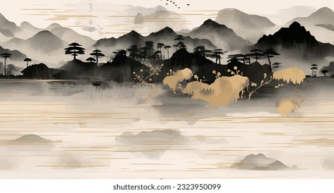 ink painting. Chinese style golden artistic conception landscape illustration, water and mountain painting, abstract art landscape. vector