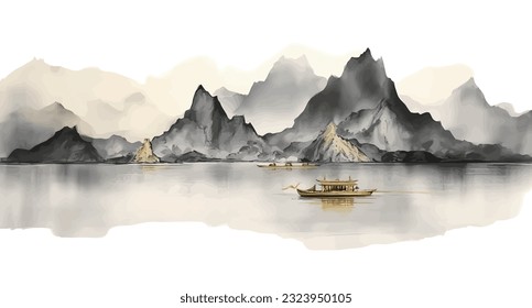 ink painting. Chinese style golden artistic conception landscape illustration, water and mountain painting, abstract art landscape. vector