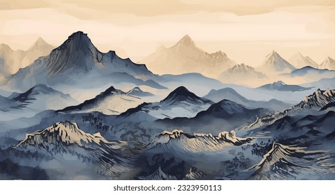 ink painting. Chinese style golden artistic conception landscape illustration, water and mountain painting, abstract art landscape. vector