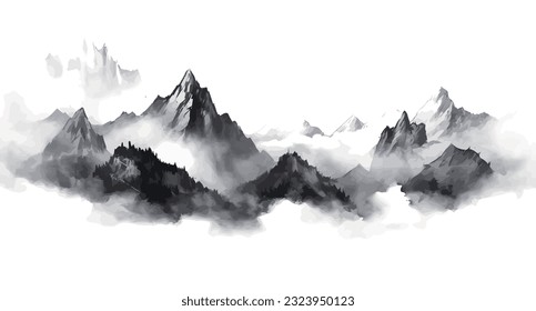 pintura con tinta. Diseño artístico de estilo chino, ilustración del paisaje, pintura de agua y montaña, paisaje artístico abstracto. vector