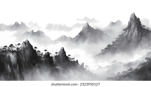 pintura con tinta. Diseño artístico de estilo chino, ilustración del paisaje, pintura de agua y montaña, paisaje artístico abstracto. vector