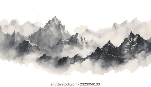 ink painting. Chinese style golden artistic conception landscape illustration, water and mountain painting, abstract art landscape. vector