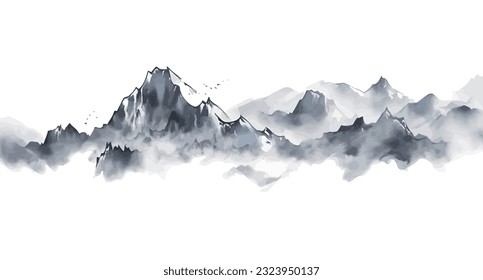 pintura con tinta. Diseño artístico de estilo chino, ilustración del paisaje, pintura de agua y montaña, paisaje artístico abstracto. vector