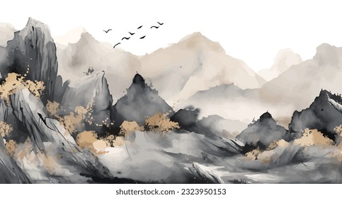 ink painting. Chinese style golden artistic conception landscape illustration, water and mountain painting, abstract art landscape. vector