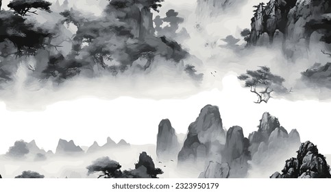 pintura con tinta. Diseño artístico de estilo chino, ilustración del paisaje, pintura de agua y montaña, paisaje artístico abstracto. vector