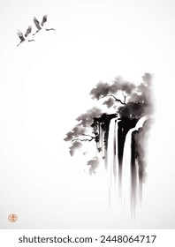 Ink painting of cranes flying over waterfall. Traditional oriental ink painting sumi-e, u-sin, go-hua. Hieroglyph - clarity